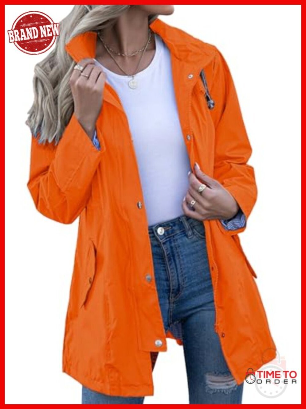Striped Lined Hooded Lightweight Waterproof Rain Jacket Outdoor Windbreaker